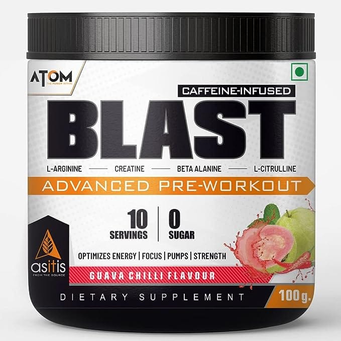 AS-IT-IS ATOM Blast Advanced Pre-workout 100gms | Caffeine & L- Arginine Infused | Optimizes Energy | Increase Strength & Pumps | Guava Chilli flavour