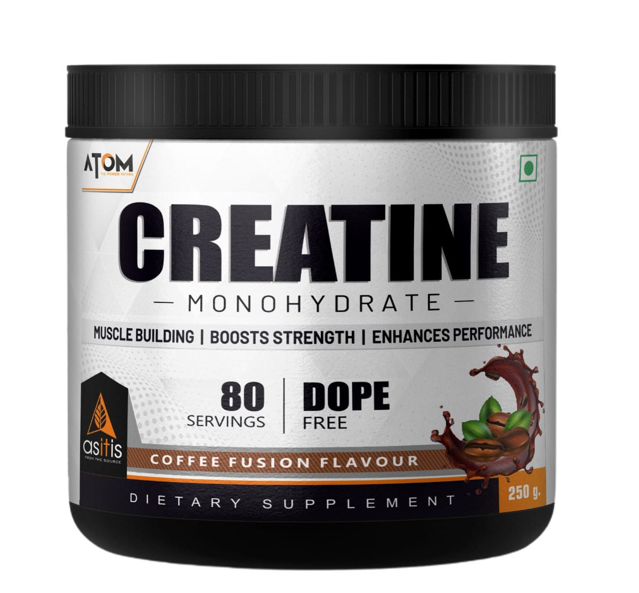 AS-IT-IS Nutrition ATOM Creatine Monohydrate Powder 250g |Coffee Fusion | 80 Servings | Dope Free | Enhances Performance & Promotes Muscle Gains