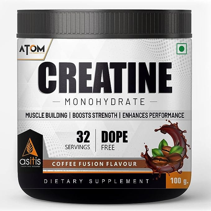 AS-IT-IS ATOM Creatine Monohydrate 100g - 32 Servings | Dope Free | Enhances Performance | Promotes Muscle Gains | coffee fusion Flavour