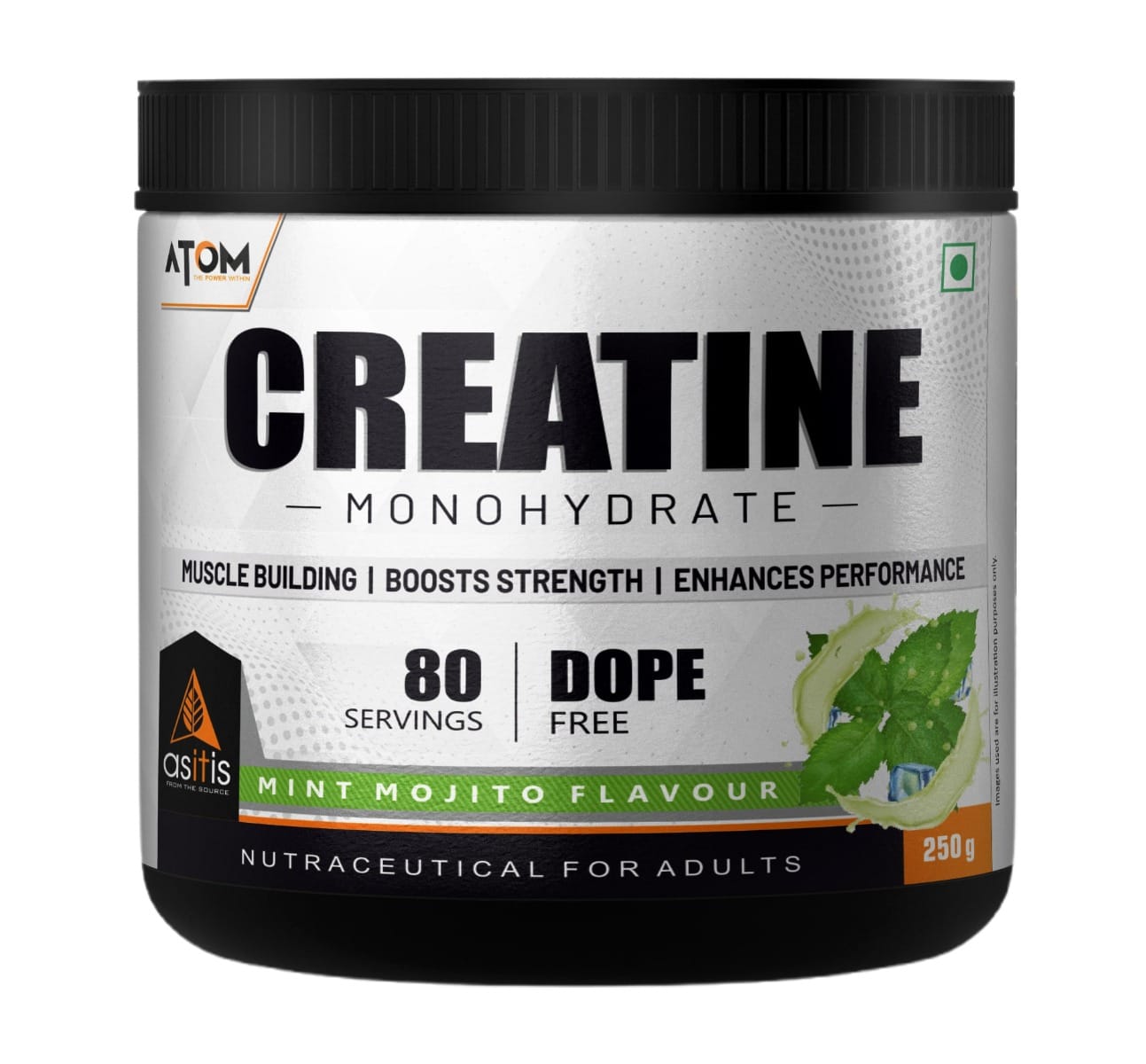 AS-IT-IS ATOM Creatine Monohydrate 100g - 32 Servings | Dope Free | Enhances Performance | Promotes Muscle Gains | Mint Mojito Flavour
