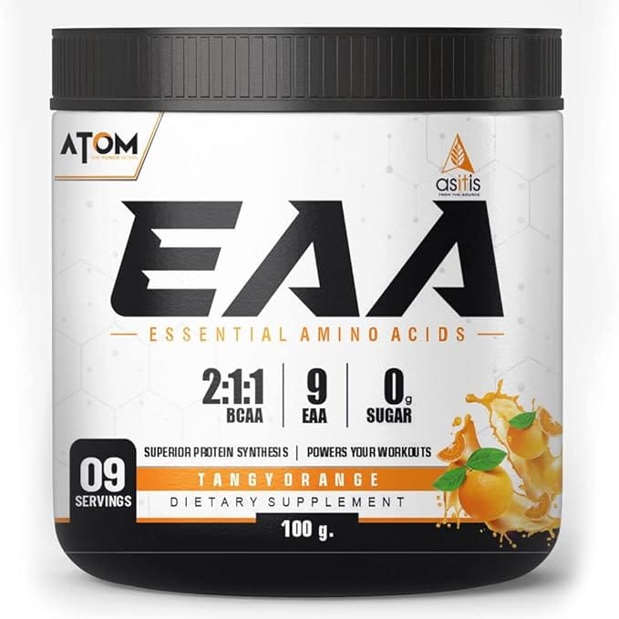 AS-IT-IS ATOM EAA (Essential Amino Acids) | 2:1:1 BCAA Ratio | 9.6g EAA | Zero Added Sugar | 22 Servings | Tangy Orange Flavor