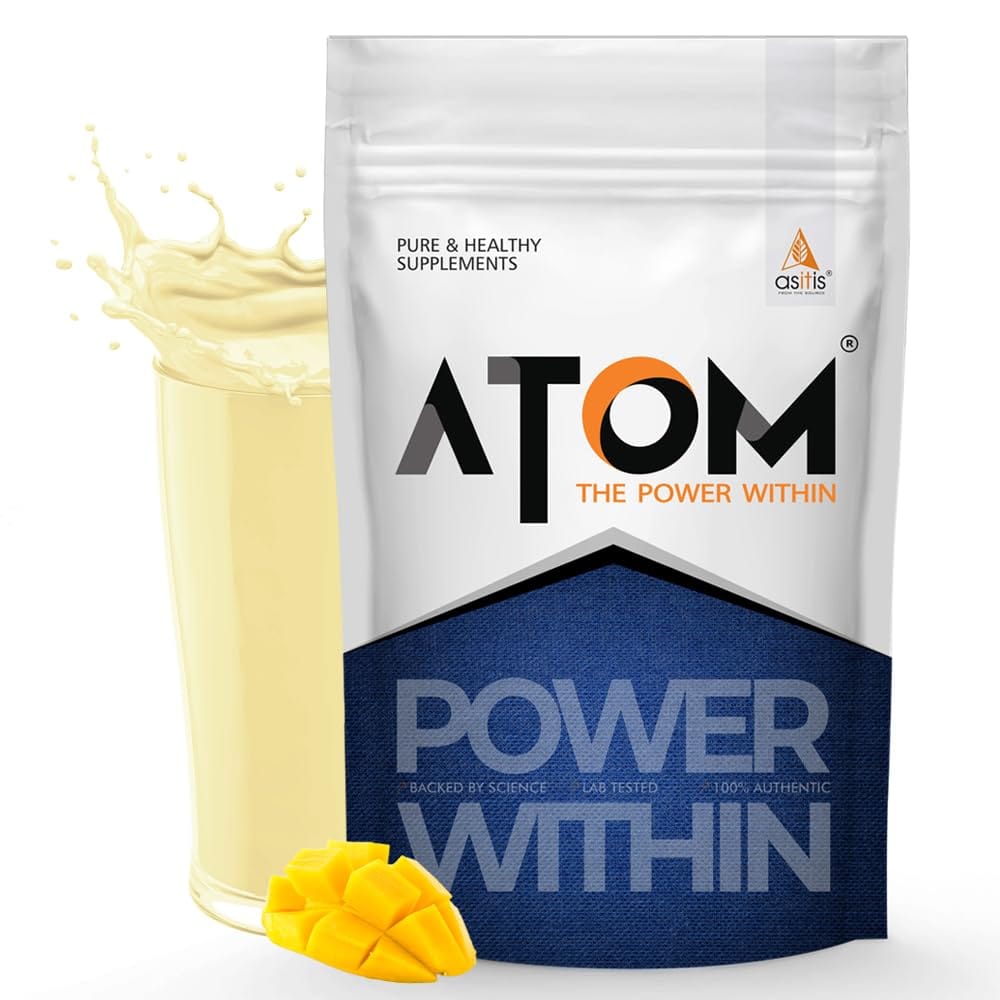 AS-IT-IS ATOM Mass Gainer 1 Kg | Pack of 13 servings | 5:1 Carb-Protein Ratio | Powered with BCAA, L-Glutamine, Tribulus, Ashwagandha | Mango fusion flavor