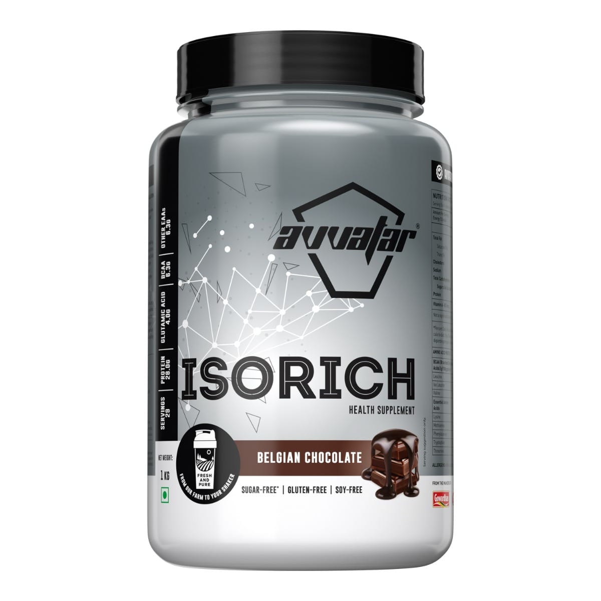 Avvatar Isorich Protein 1kg | Belgian Chocolate | 29 Servings | 28g Protein