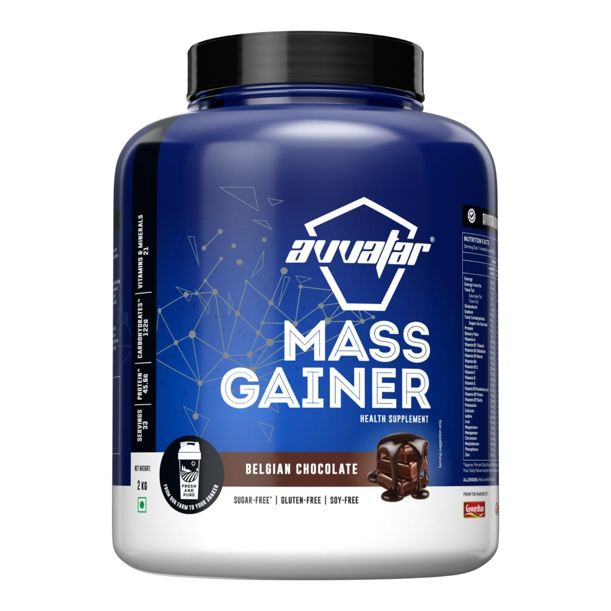 Avvatar Mass Gainer 2kg | Belgian Chocolate | 33 Servings | Sugar free | Gluten free | Soy free