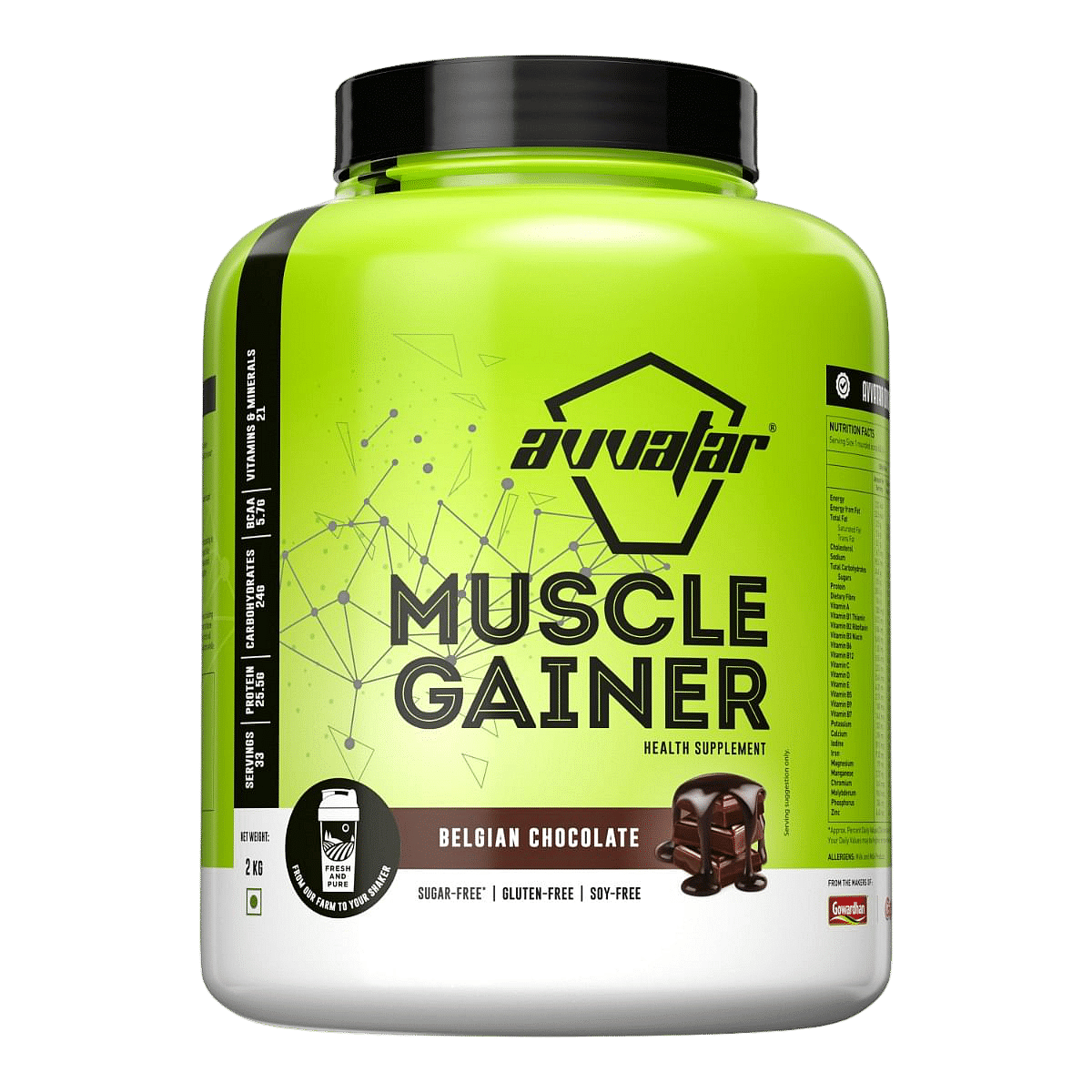 Avvatar Muscle Gainer 2kg | Belgian Chocolate | 33 Servings | Sugar free | Gluten free | Soy free