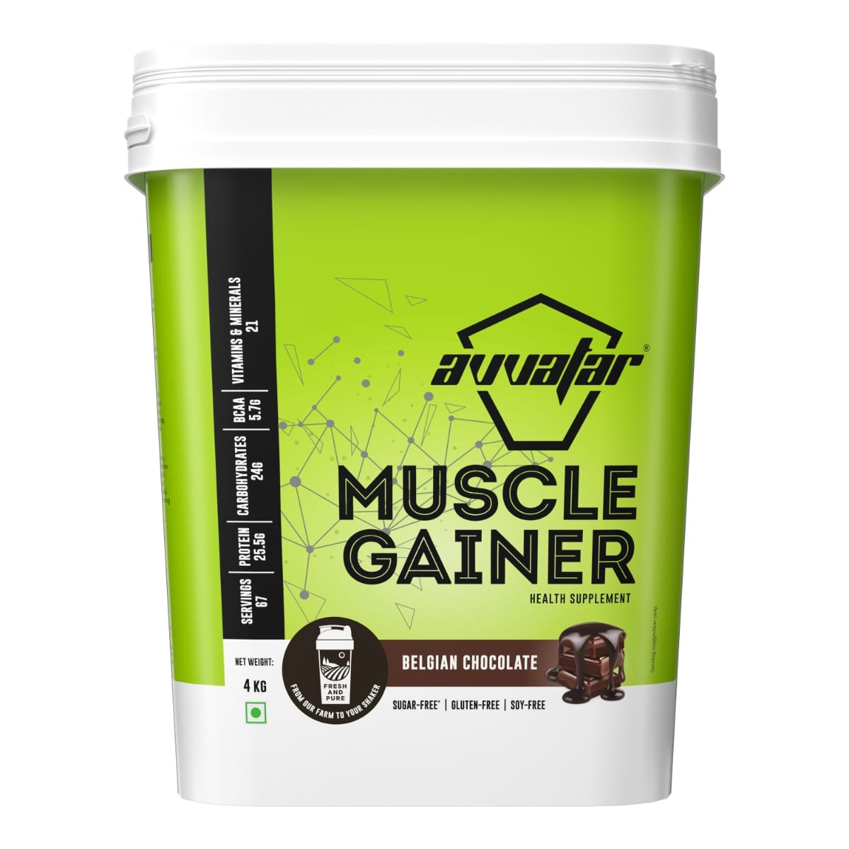 Avvatar Muscle Gainer 4kg | Belgian Chocolate | 67 Servings | Sugar free | Gluten free | Soy free
