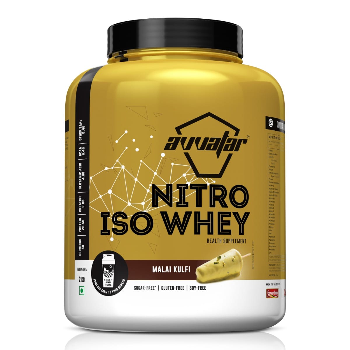 Avvatar Nitro Iso Whey 2kg | Malai Kulfi | 50 Servings | 28.5g Protein | Sugar free | Gluten free | Soy free