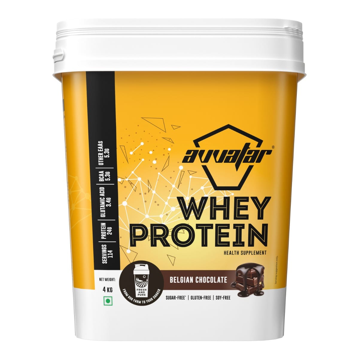 Avvatar Whey Protein  4kg | Belgian Chocolate | 114 Servings | 24g Protein | Sugar free | Gluten free | Soy free