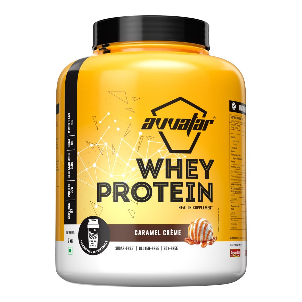 Avvatar Whey Protein 2kg | Caramel Creme | 57 Servings | 27g Protein | Sugar free | Gluten free | Soy free