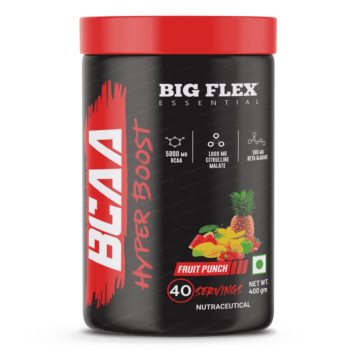 Bigflex Essential BCAA Hyperboost, Fruit Punch [ 40 Servings, 400g ] | 5000mg BCAA | 1000mg Citrulline Malate | 500mg Beta Alanine | 500mg L-Taurine For Maximum Muscle Growth, Energy, Recove