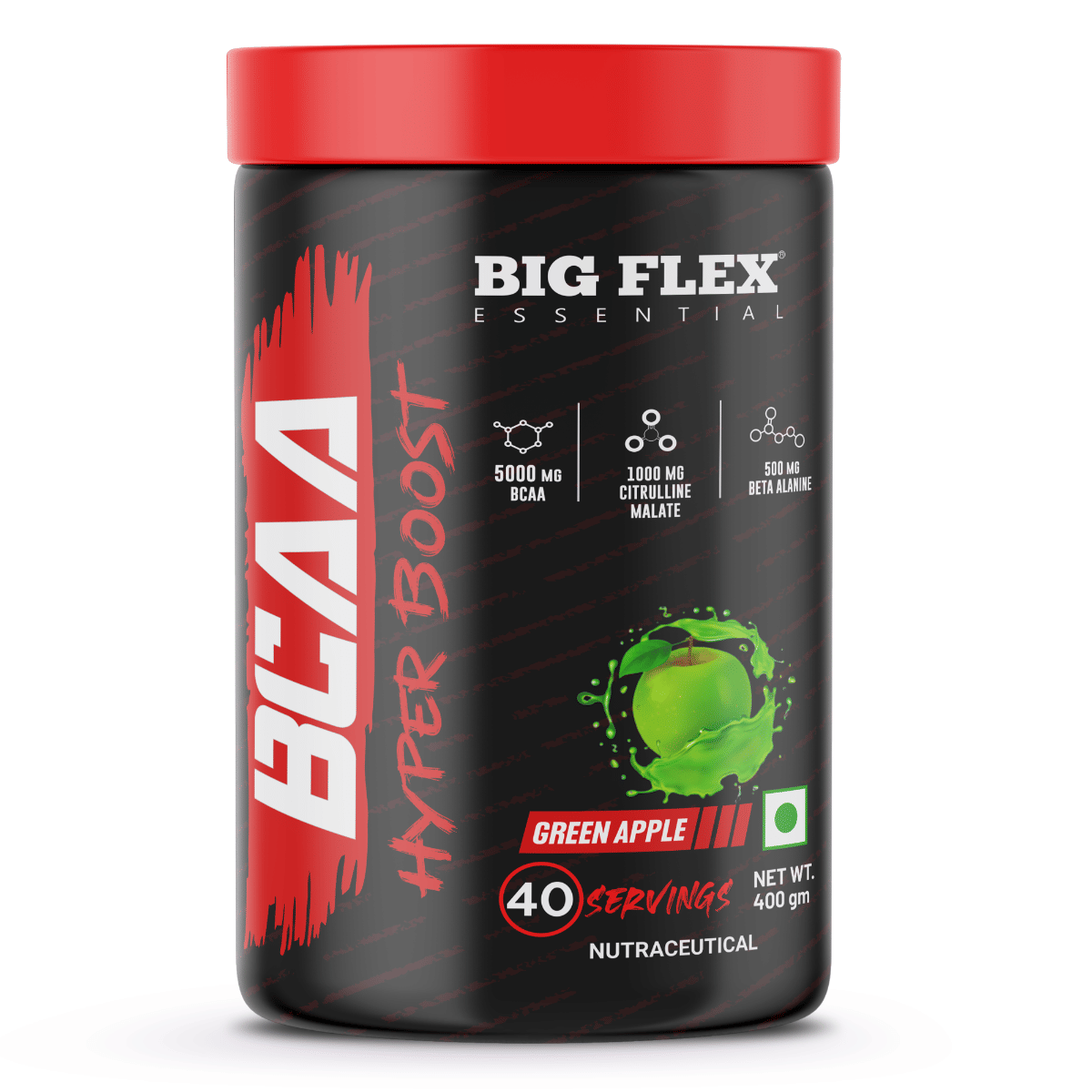 Bigflex Essential BCAA Hyperboost, Green Apple [ 40 Servings, 400g ] | 5000mg BCAA | 1000mg Citrulline Malate | 500mg Beta Alanine | 500mg L-Taurine For Maximum Muscle Growth, Energy, Recove