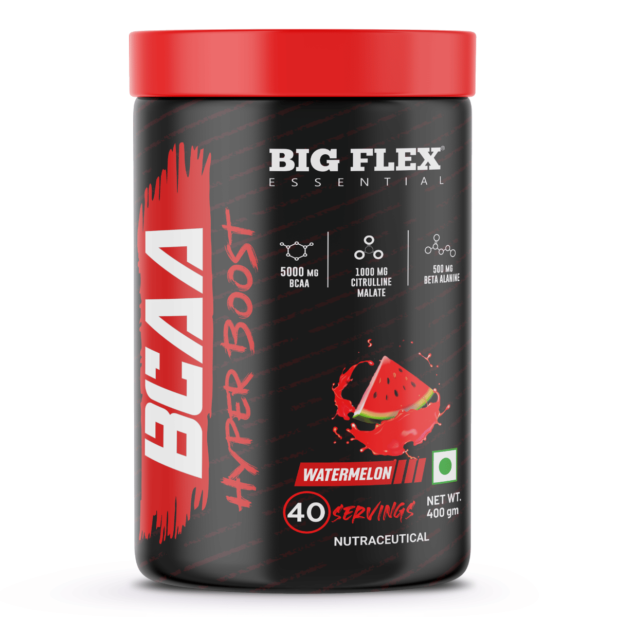Bigflex Essential BCAA Hyperboost, Watermelon [ 40 Servings, 400g ] | 5000mg BCAA | 1000mg Citrulline Malate | 500mg Beta Alanine | 500mg L-Taurine For Maximum Muscle Growth, Energy, Recover