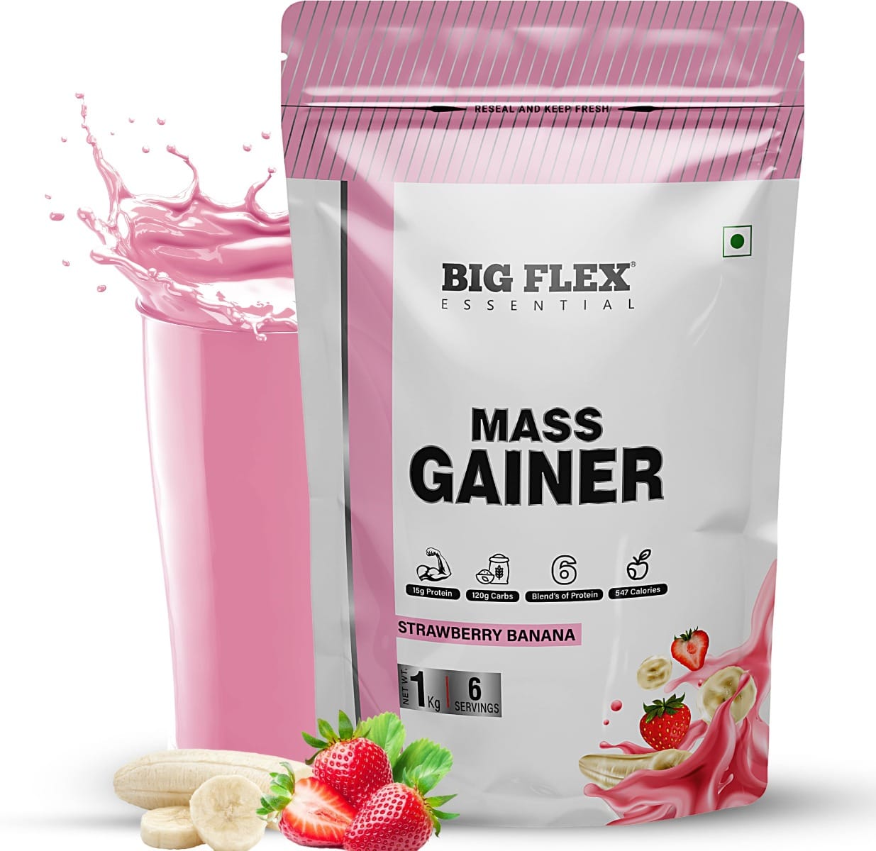 Bigflex Essential Mass Gainer (Strawberry - Banana) - Pouch ( 1Kg )