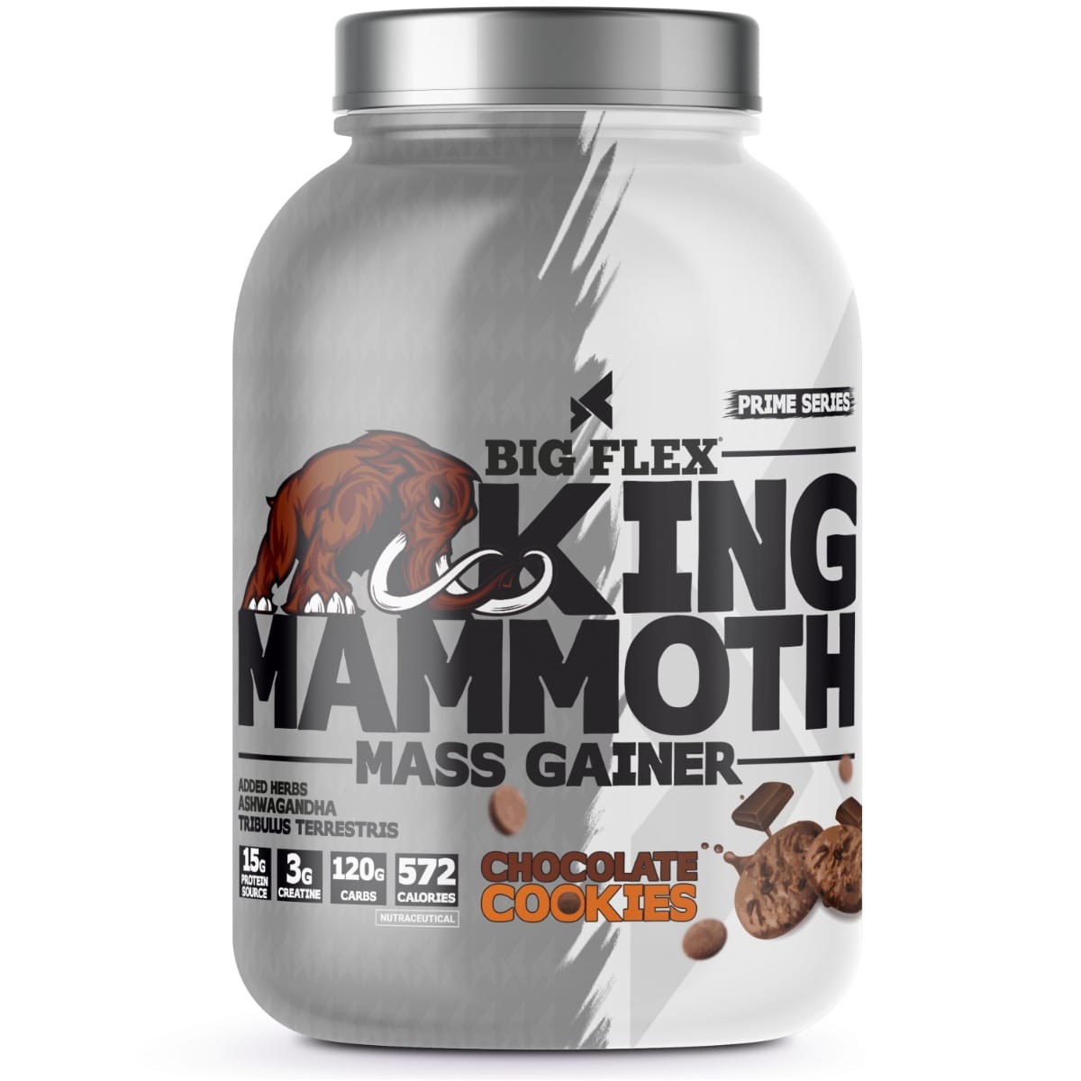 Bigflex King Mammoth Mass Gainer, 3Kg [ Chocolate Cookies ] | High Protein and High Calorie Mass Gainer, Weight Gainer | 572 Calories | 15G Protein | 3G Creatine | 250mg Tribulus Terrestris 