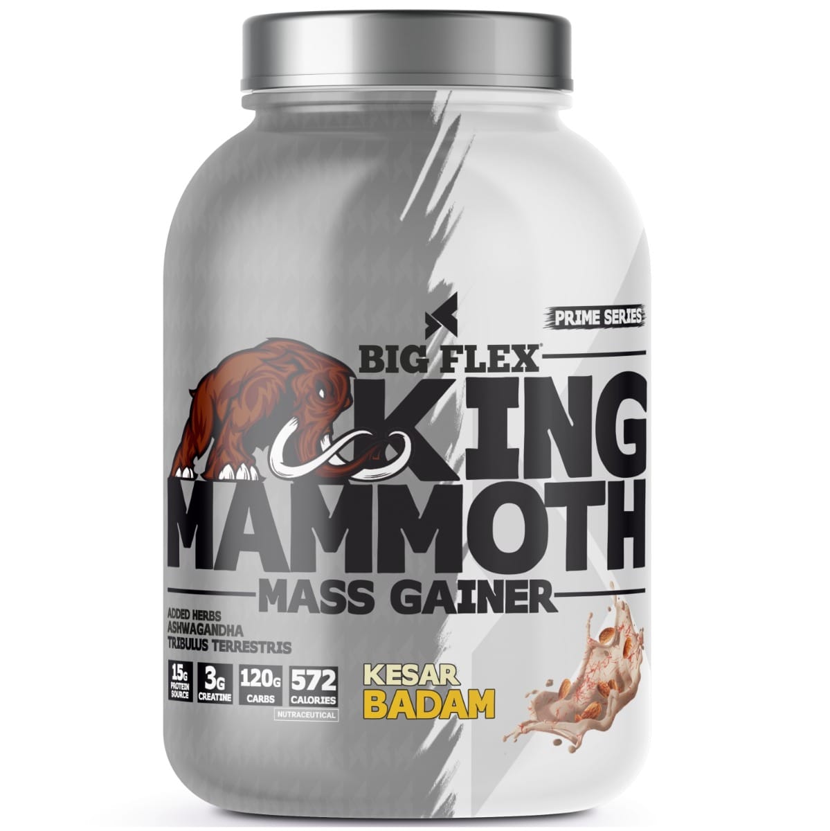 Bigflex King Mammoth Mass Gainer, 3Kg [ Kesar Badam ] | High Protein and High Calorie Mass Gainer, Weight Gainer | 572 Calories | 15G Protein | 3G Creatine | 250mg Tribulus Terrestris | 250m