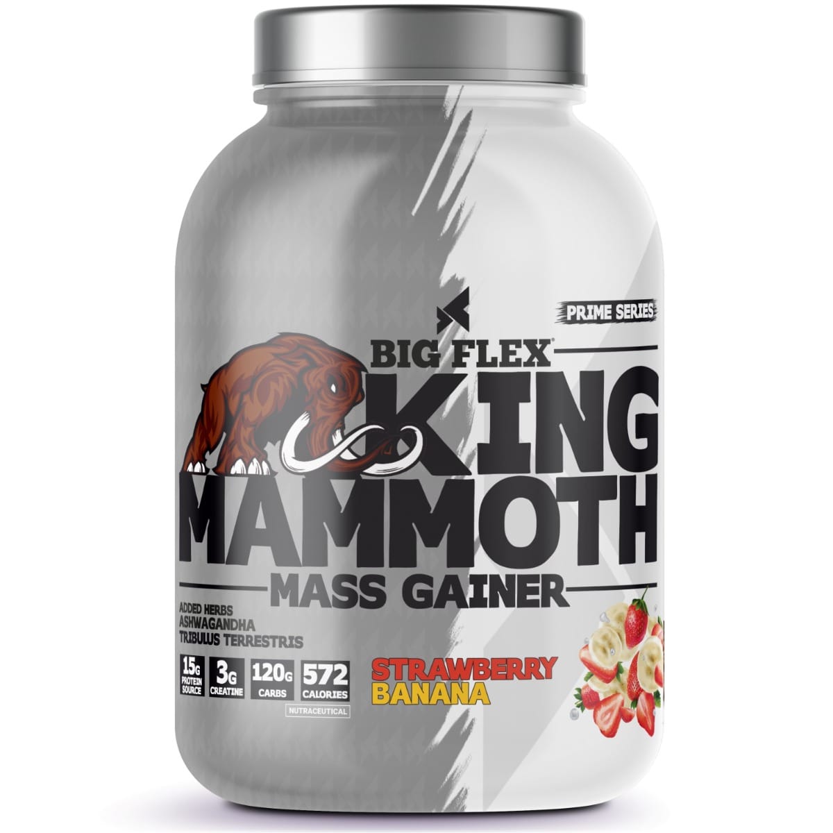 Bigflex King Mammoth Mass Gainer, 3Kg [ (Strawberry-Banana ] | High Protein and High Calorie Mass Gainer, Weight Gainer | 572 Calories | 15G Protein | 3G Creatine | 250mg Tribulus Terrestris