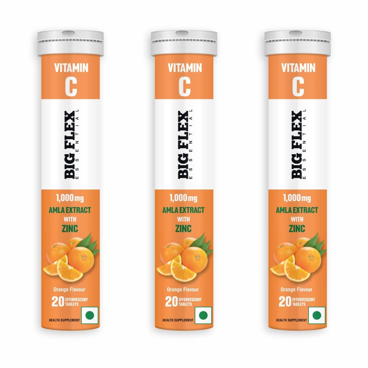 Bigflex Vitamin-C 1000mg Natural Amla Extract + 10mg Zinc | Antioxidants Support | Natural Immunity Booster | Skin Care | Zero Sugar - Pack of 4 (80 Fizzy) Effervescent Tablets - Lemon & Ora