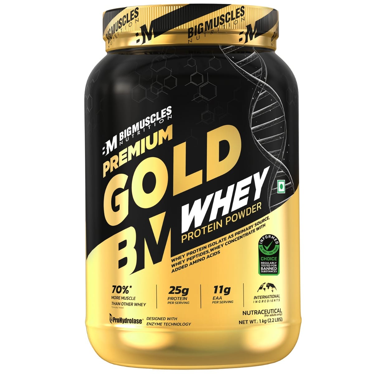 Bigmuscles Nutrition Premium Gold Whey | Informed Choice UK Certified | Isolate Whey Protein Blend | 25g Protein | 11g EAA | ProHydrolase Enzyme Technology (1kg, Strawberry Milkshake) 