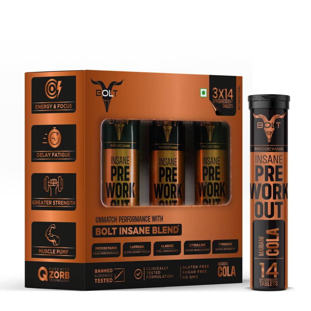 Bolt INSANE Pre-Workout Effervescent Tablet Supplements|Pre-Training Instant Drink for Performance & Energy Boost|Powerful Blend of Caffeine, Beta-alanine, Taurine, and L-arginine (Pack of 4