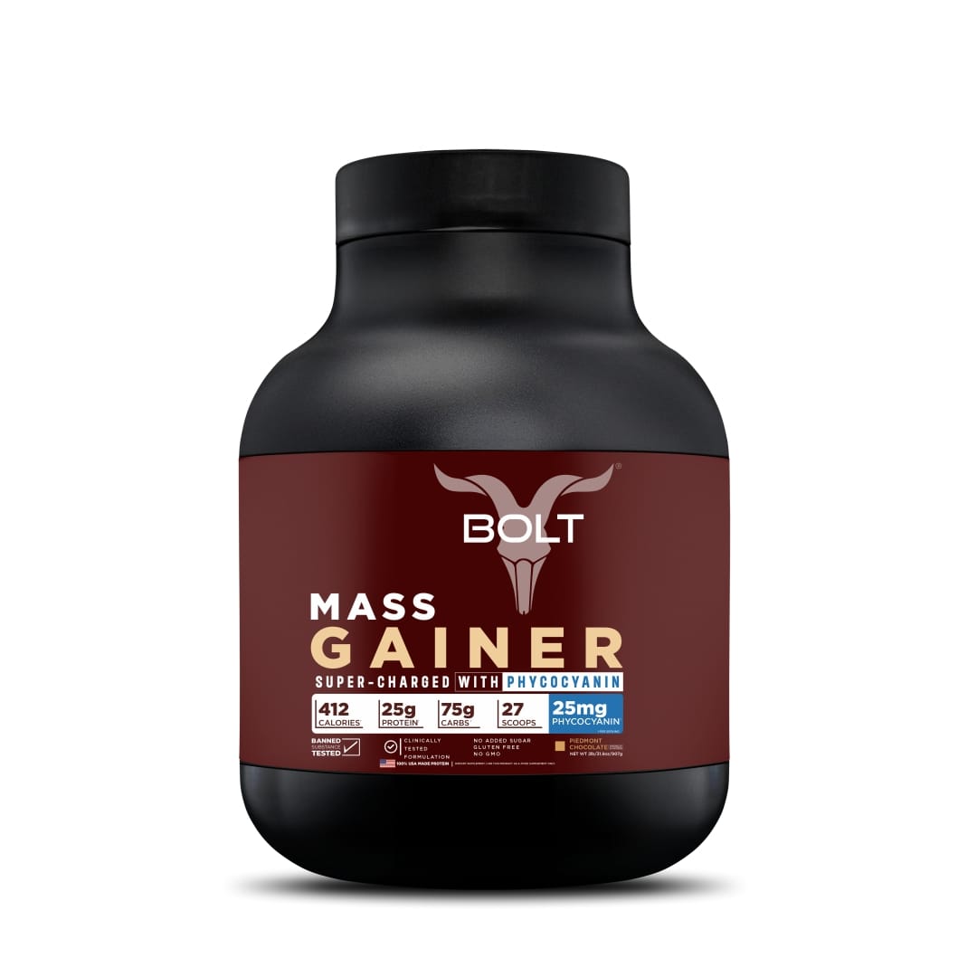 Bolt Mass Gainer 2.26kg | Piedmont Chocolate | 22 Servings | 22g Protein | 25mg Phycocyanin | Muscle Gain & Weight Gain