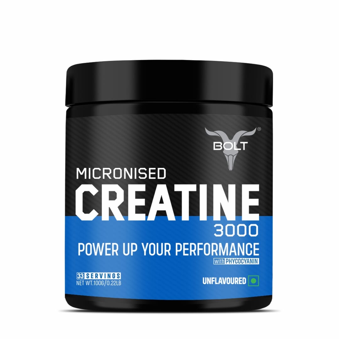 Bolt Micronised Creatine Monohydrate 3000 | With Phycocyanine | Boosts Athletic Performance | Provides Energy Support for Heavy Workout | Formulated In USA | 100 gm (0.22lb), 33 serving | Un