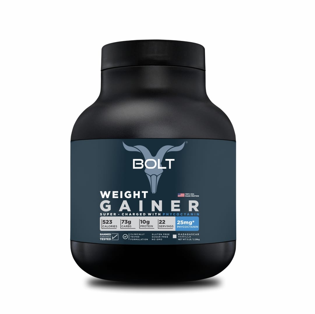 Bolt Weight Gainer Super-Charged With PHYCOCYANIN, (Jalgaon Banana | 5 LB, 2.268kg) 10g Protein, 73g Carbs & 523 Calories |For Men and Women