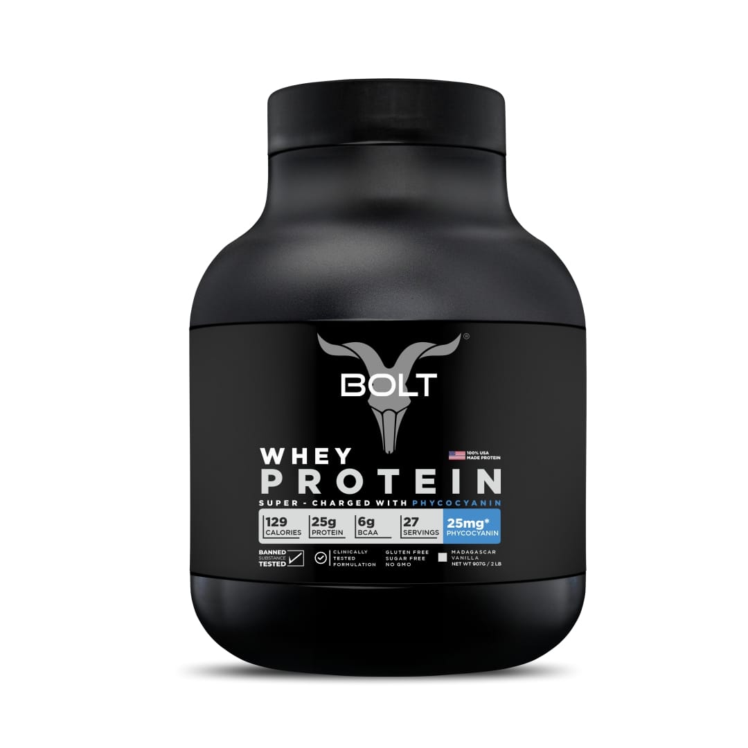Bolt Whey Protein Powder 100% 100% Original Supplements Whey Protein with PHYCOCYANIN for Quick Muscle Recovery & Bone Strength, Immunity | 2 lb, 907g | Alphonso Mangoza