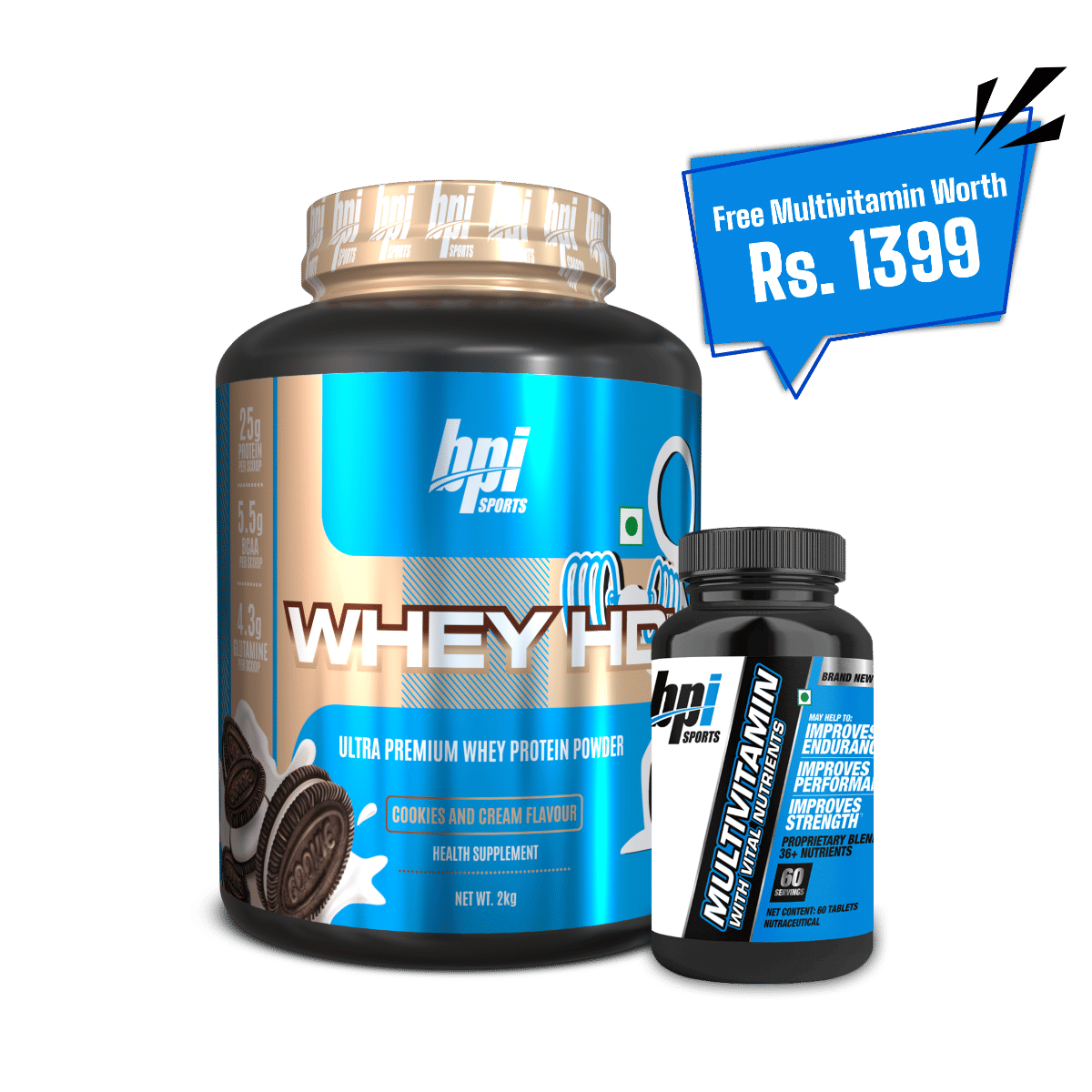 BPI Sports Whey HD Ultra Premium Protein Powder| Cookie & Cream |2kg |25g Protein, Whey Protein Concentrate, 54 Servings
