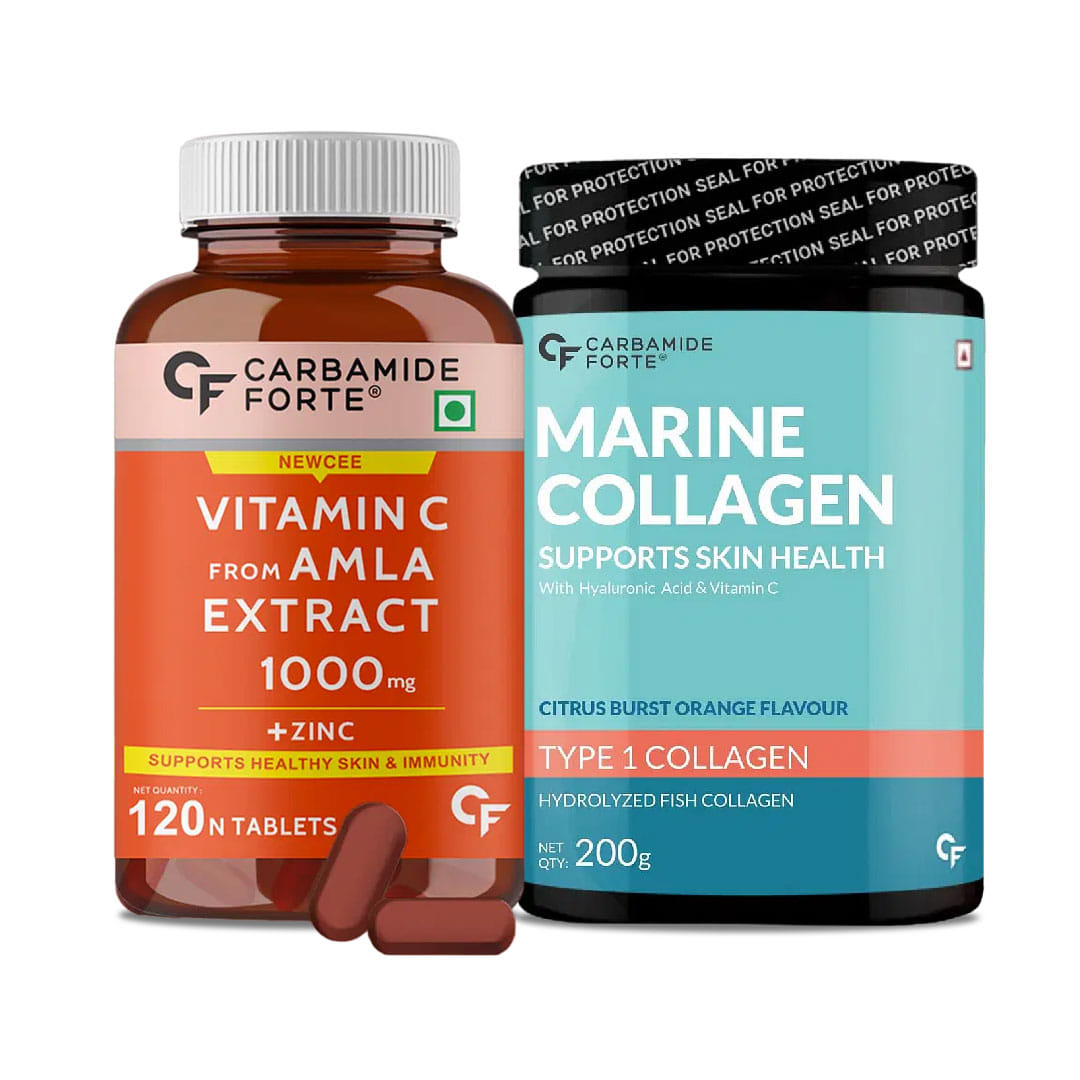 Beauty and Immunity Powerhouse Combo: Carbamide Forte Marine Collagen Powder + Vitamin C with Amla & Zinc - 200g Powder & 120 Veg Tablets