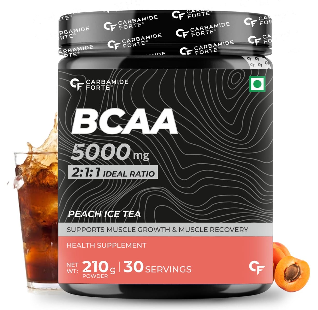 Carbamide Forte BCAA 5000mg Supplement for Men & Women 7g Serving with Ideal 2:1:1 Ratio | BCAA Powder for Muscle Growth & Muscle Recovery - Peach Ice Tea Flavour - 210g