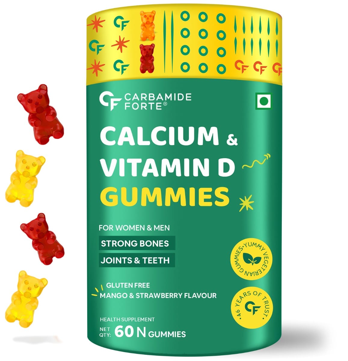 Carbamide Forte Calcium with Vitamin D Gummies for Men & Women| Calcium Gummies for Women & Men for Stronger Bones, Joints & Teeth & Immunity - Mango & Strawberry Flavour - 60 Veg Gummies