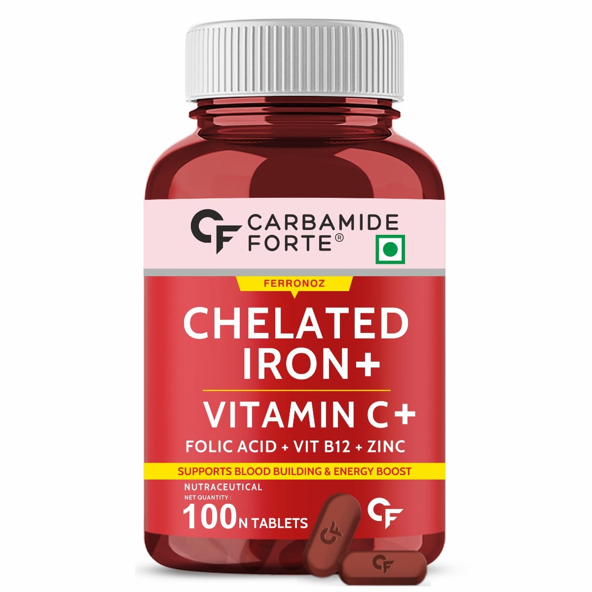Carbamide Forte Chelated Iron + Vitamin C, B12, Folic Acid & Zinc - 100 Veg Tablets