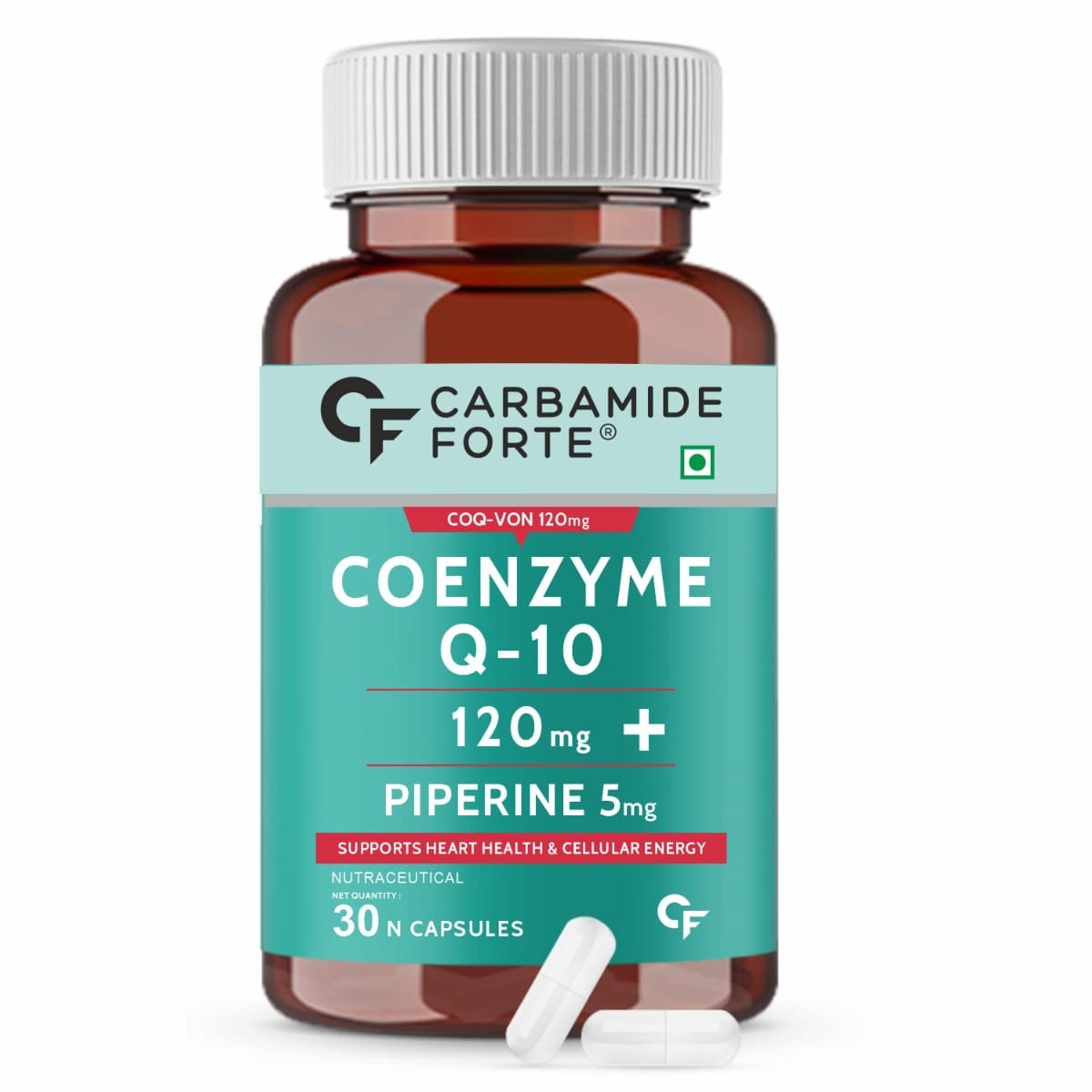 Carbamide Forte Coq10 Coenzyme Q10 - 120mg Capsule with Piperine 5mg Supplement - 30 Veg Capsules