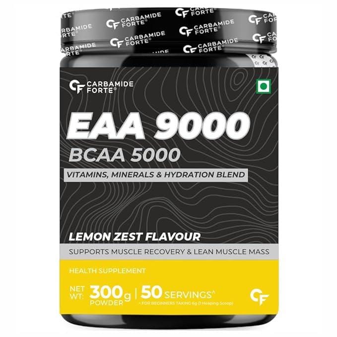 Carbamide Forte EAA 9000mg Supplement with BCAA 5000mg | EAA Supplement for Men & Women with Hydration Blend & Vitamins - Lemon Zest Flavour - 50 Servings - 300g