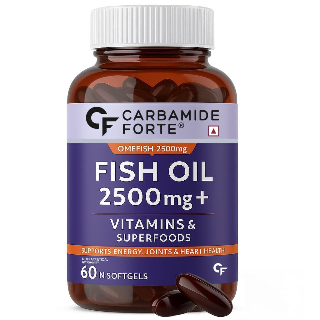 Carbamide Forte Fish Oil 2500mg (Omega 3 1500mg; 900 mg EPA & 600mg DHA Per Serving) Capsule For Men & Women with Biotin, Vitamin D, Vitamin K2-MK7-60 Capsules