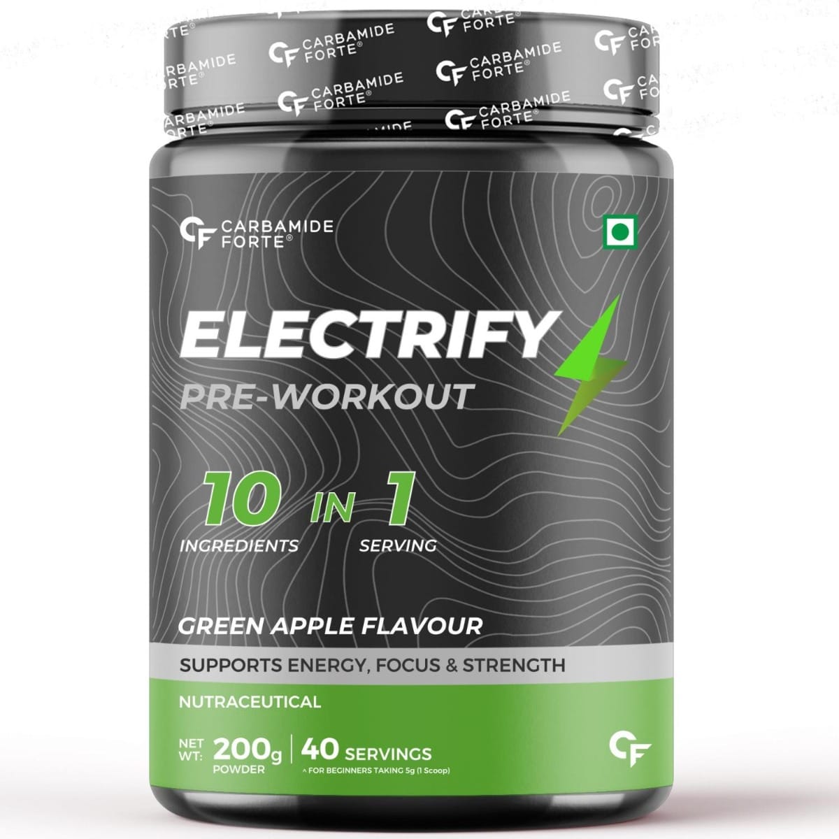 Carbamide Forte Pre Workout Powder (Green Apple 200g) for Men & Women with Taurine & Creatine Monohydrate for Energy, Focus & Strength