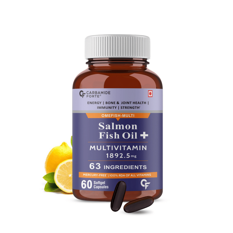 Carbamide Forte Salmon Fish Oil 1892.5mg Capsules with Multivitamin, Omega 3 EPA and DHA and 63 Ingredients for Immunity, Energy, Bone & Joint Health - 60 Softgel Capsules