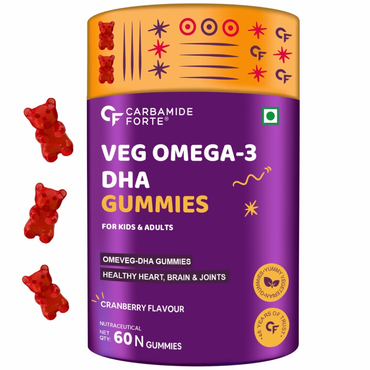 Carbamide Forte Veg Omega 3 250mg - Gummies for Men, Women & Kids with Veg DHA | No Fish oil Used - 60 Veg Gummies