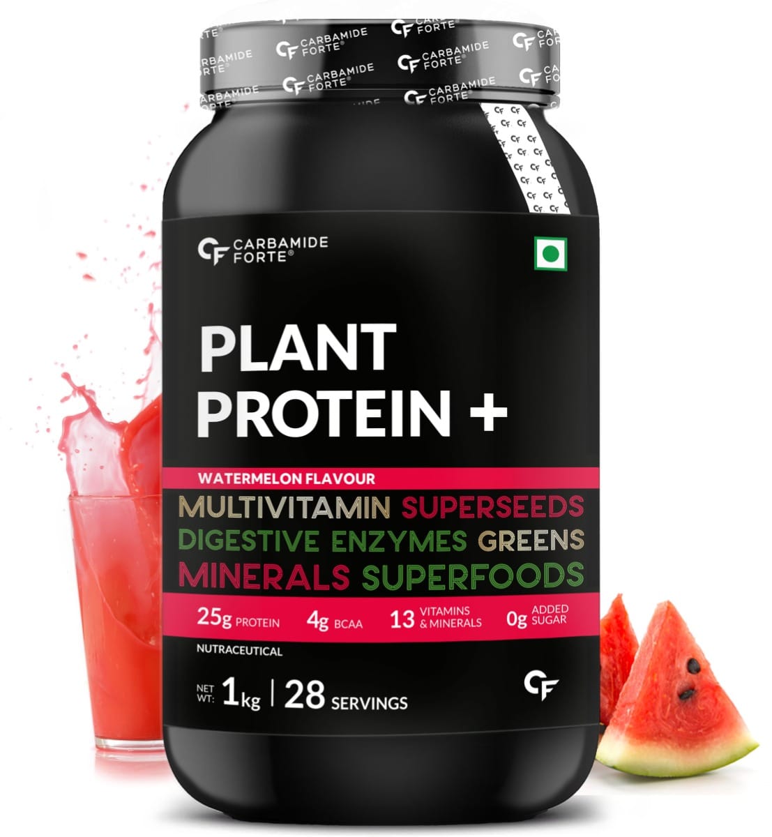 Carbamide Forte Vegan Protein Powder - Plant Based Pea Protein Powder with Multivitamin, Minerals, Superfoods, Digestive Enzymes -Watermelon - 1Kg
