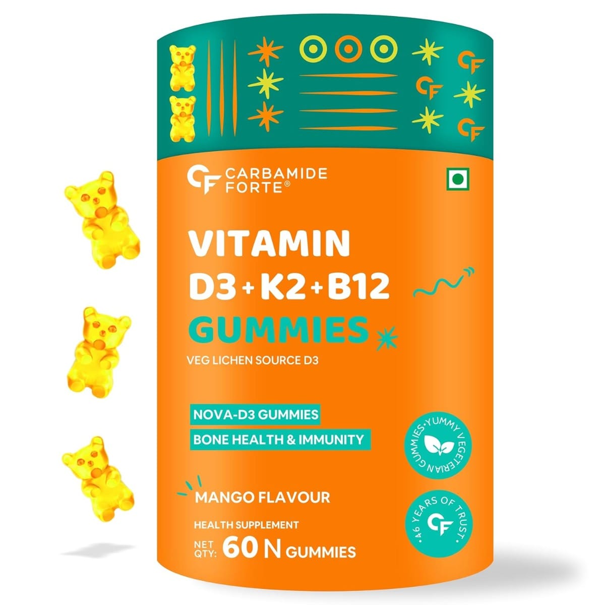 Carbamide Forte Vitamin D3 K2 B12 - Gummies for Women, Men & Kids - 60 Veg Gummies