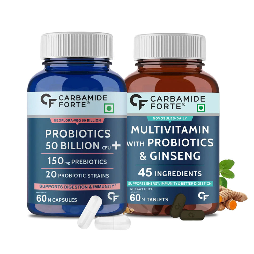 Gut Health and Wellness Combo: Carbamide Forte Probiotics 50 Billion + Multivitamin with Probiotics - 60 Veg Capsules & 60 Tablets