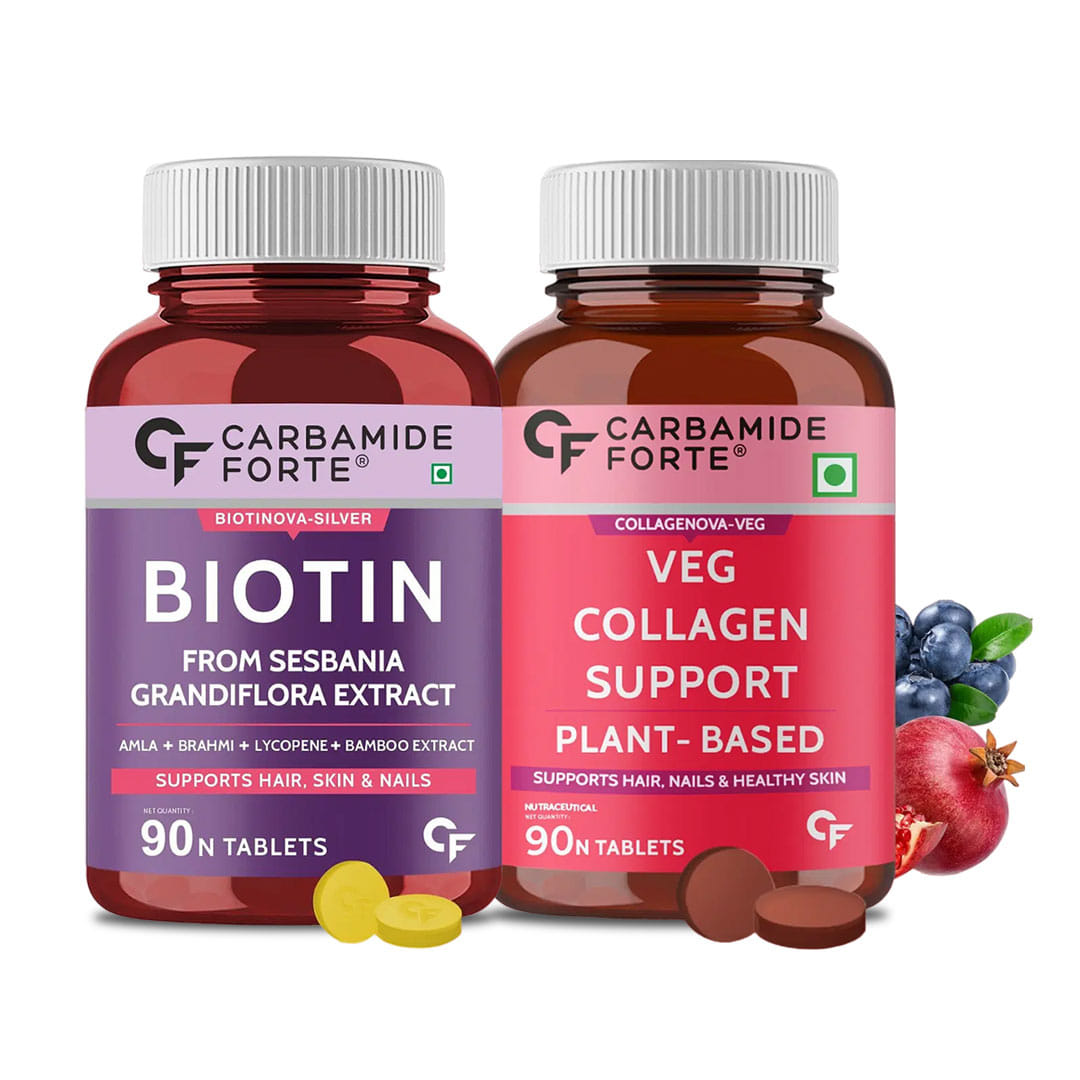 Healthy Hair and Skin Support Combo: Carbamide Forte Veg Collagen Builder + Biotin for Hair Growth - 90 Veg Tablets Each