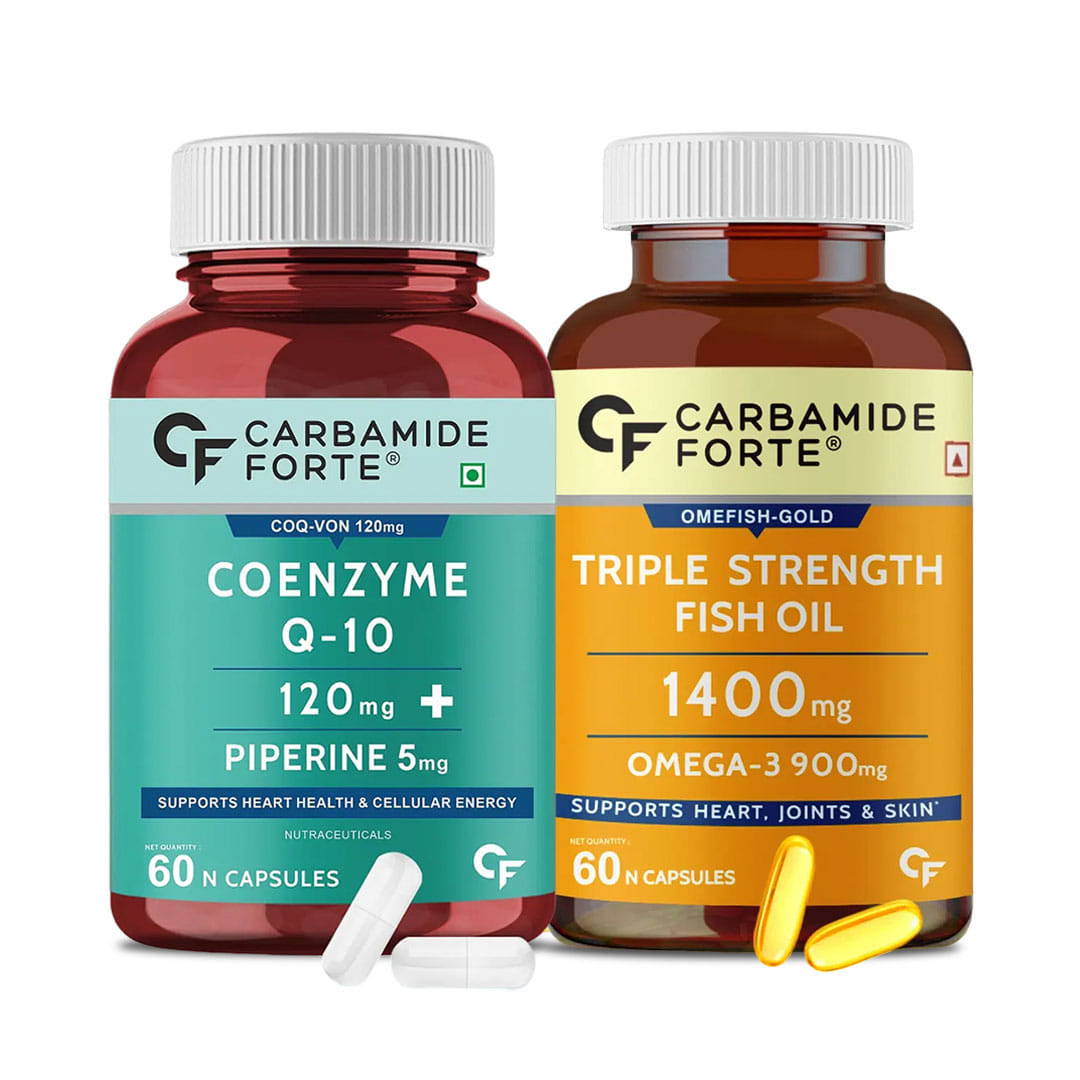 Heart and Energy Support Combo: Carbamide Forte Triple Strength Fish Oil + Coenzyme Q10 with Piperine - 60 Softgel Capsules & 60 Capsules