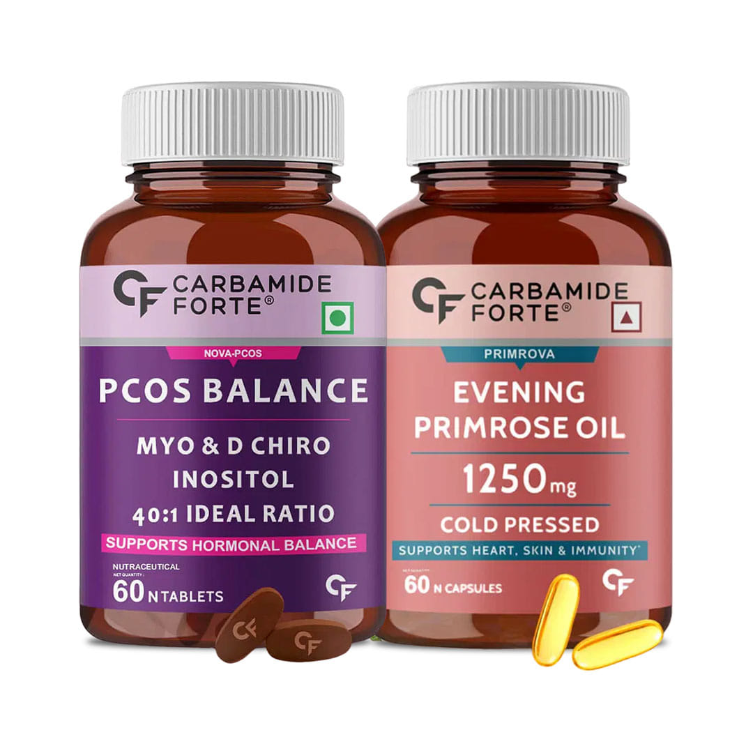 Hormonal Balance and Wellness Combo: Carbamide Forte PCOS Supplement + Evening Primrose Oil - 60 Veg Tablets & 60 Capsules