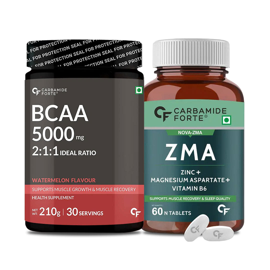 Muscle Power Combo: Carbamide Forte BCAA Powder - Masala Watermelon Flavor + ZMA Supplements - 210g Powder & 60 Veg Tablets