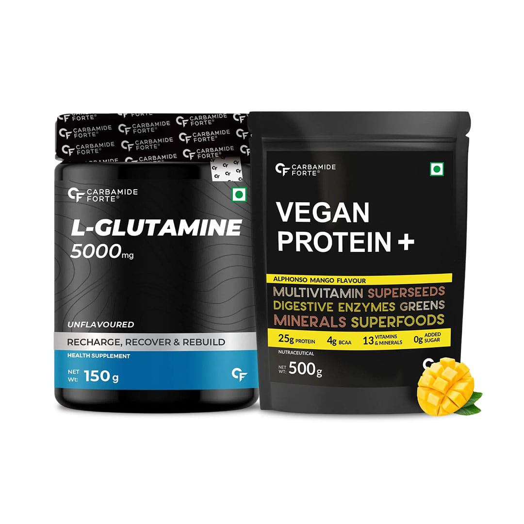 Plant-Powered Protein & Muscle Recovery Combo: Carbamide Forte Vegan Protein Powder (Alphonso Mango Flavour) + L Glutamine Powder - 500g & 150 Grams