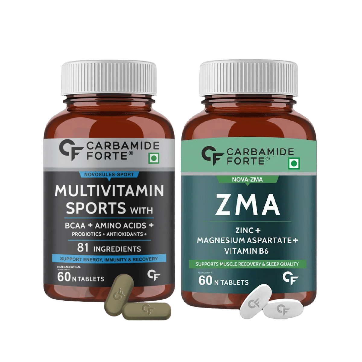 Sports Performance and Muscle Recovery Combo: Carbamide Forte Multivitamin for Sports + ZMA Supplements - 60 Tablets Each