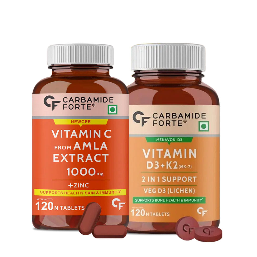 Total Immunity and Wellness Combo: Carbamide Forte Vitamin C with Amla & Zinc + Vitamin D3 K2 MK7 - 120 Veg Tablets Each