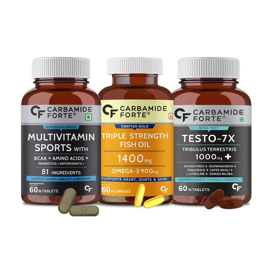 Ultimate Wellness and Performance Trio: Carbamide Forte Multivitamin for Sports + Testosterone Supplement + Triple Strength Fish Oil - 60 Tablets, 60 Veg Tablets, and 60 Softgel Capsules