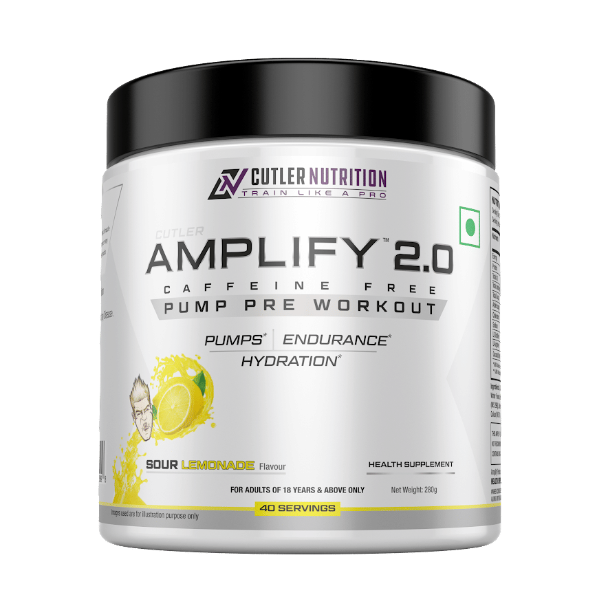 Cutler Nutrition Amplify Caffeine Free Pre Workout for Men and Women Stimulant Free Muscle Pump Enhancer with L- Arginine, Coconut Water Powder and L-Citrulline, Sour Lemonade -280g
